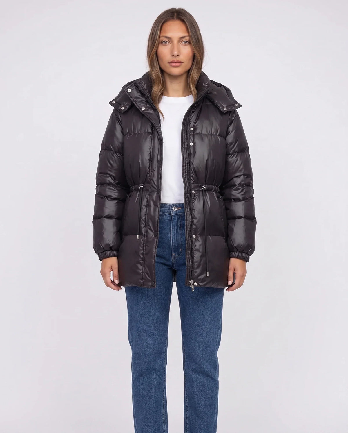 Shiny Puffer Jacket with Drawcord Waist