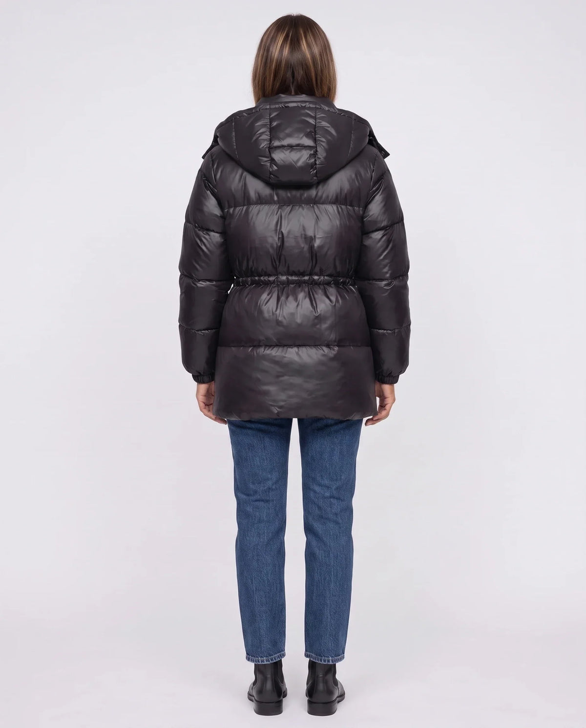 Shiny Puffer Jacket with Drawcord Waist
