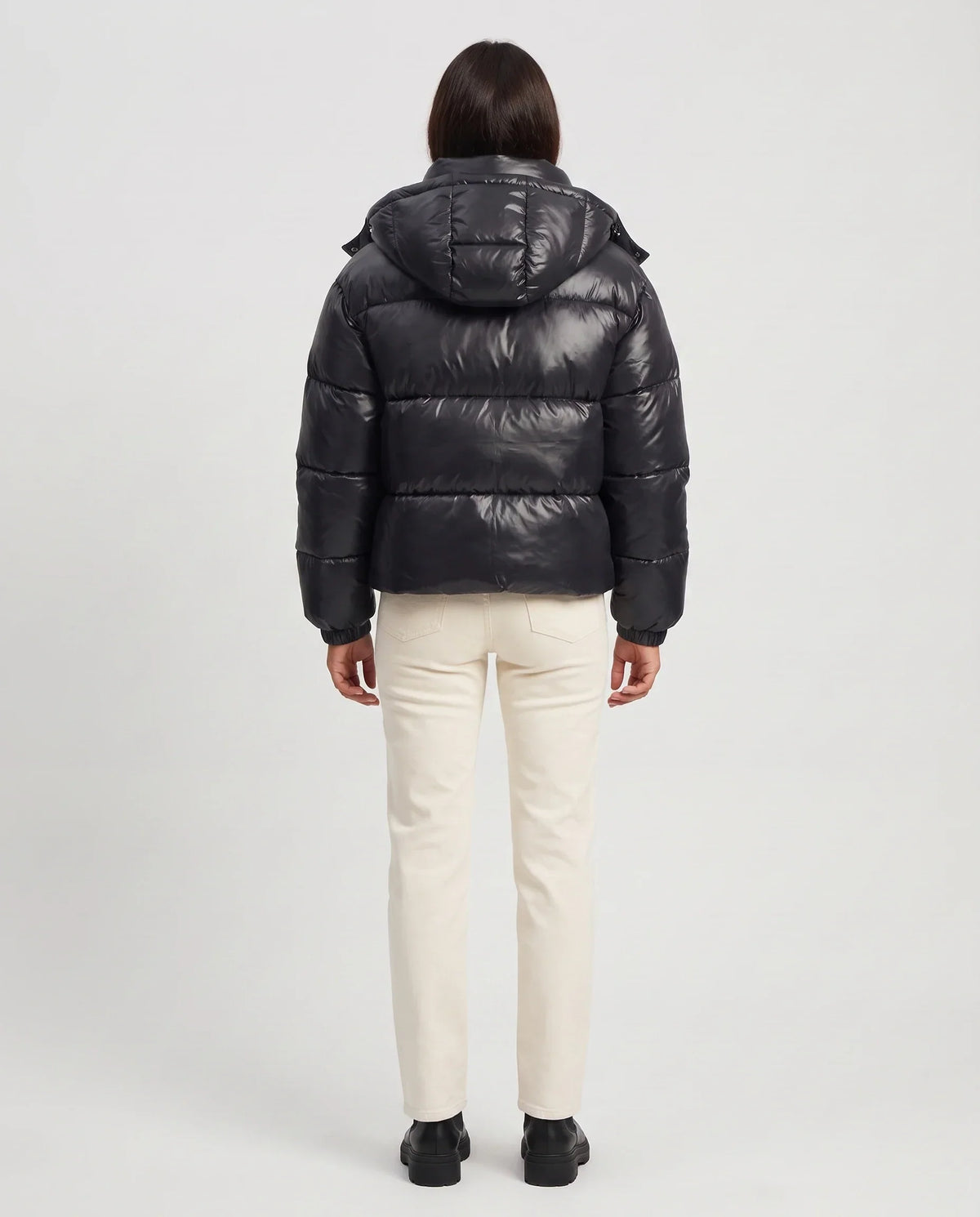 Short Shiny Hooded Puffer Jacket with Puffy Channels