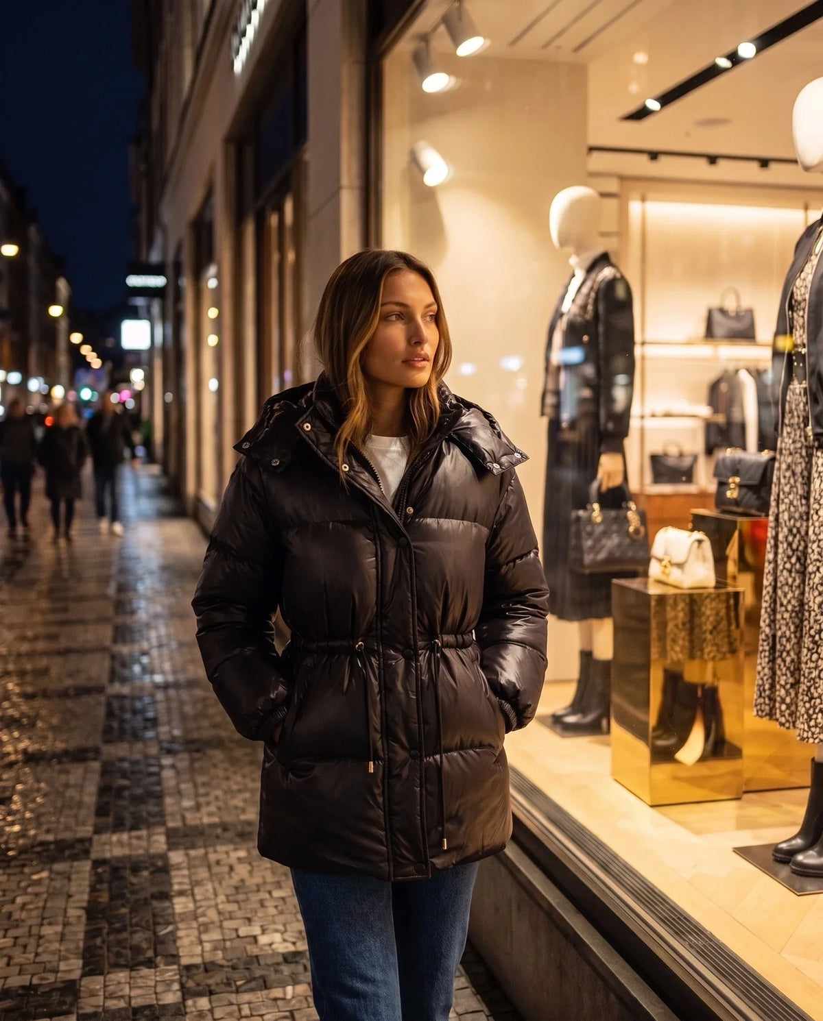 Shiny Puffer Jacket with Drawcord Waist