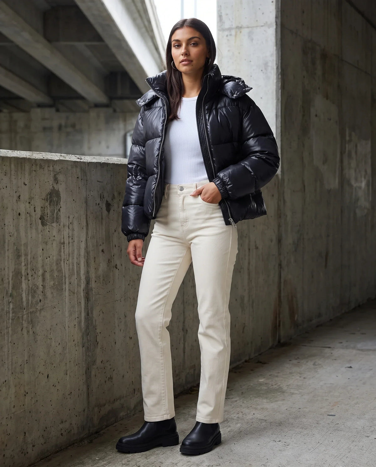 Short Shiny Hooded Puffer Jacket with Puffy Channels