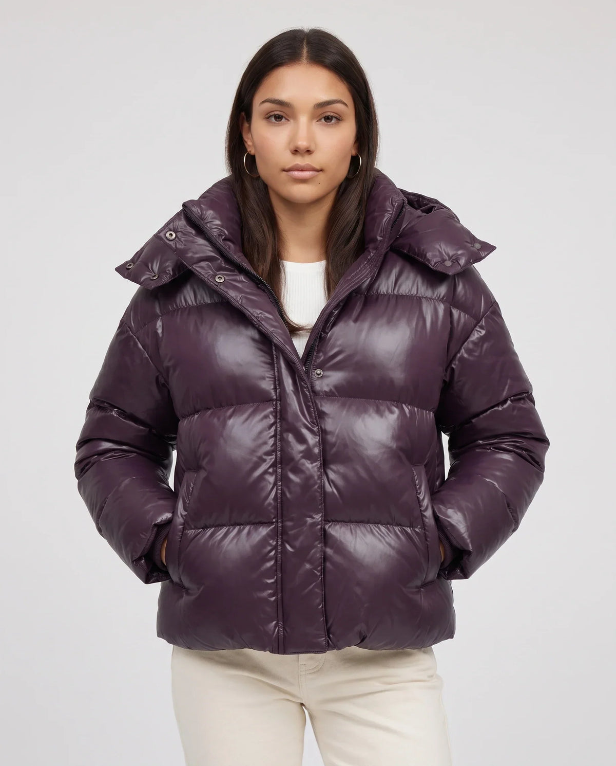 Short Shiny Hooded Puffer Jacket with Puffy Channels