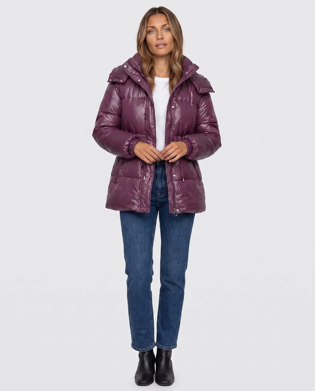 Shiny Puffer Jacket with Drawcord Waist