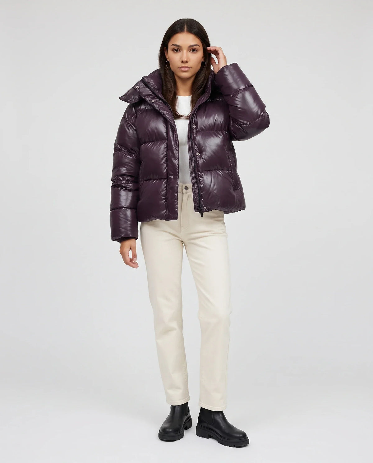 Short Shiny Hooded Puffer Jacket with Puffy Channels