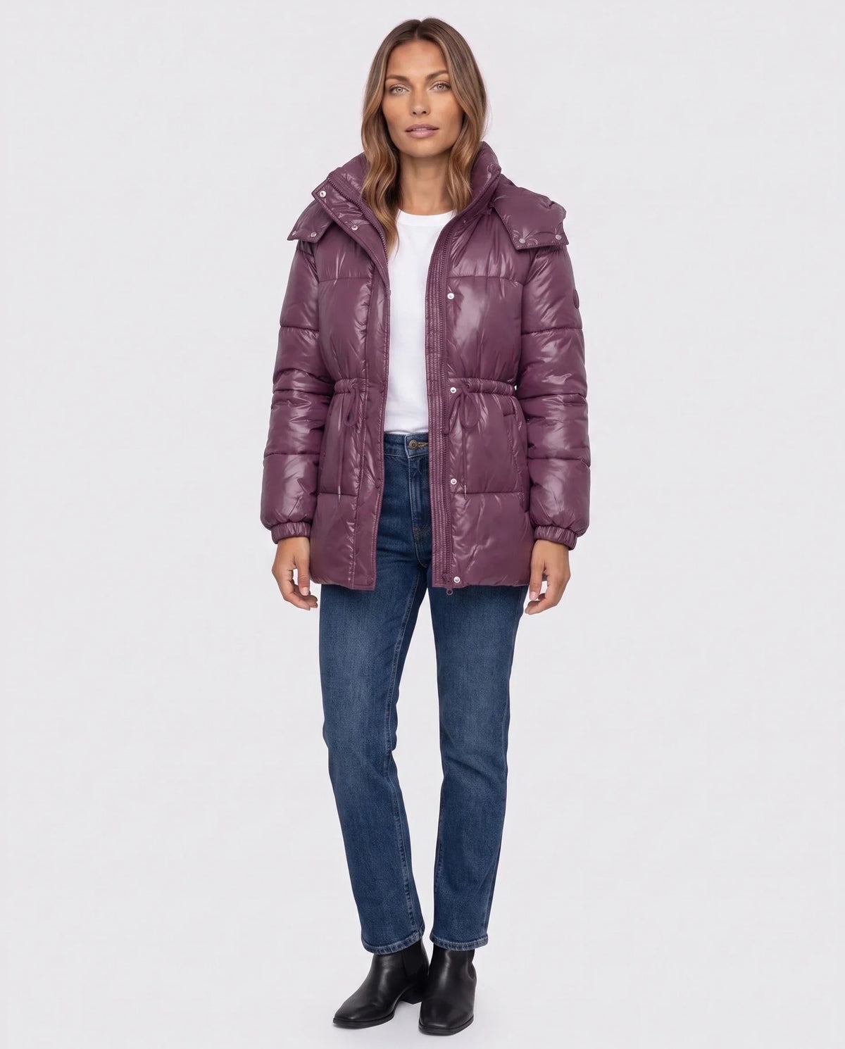 Shiny Puffer Jacket with Drawcord Waist