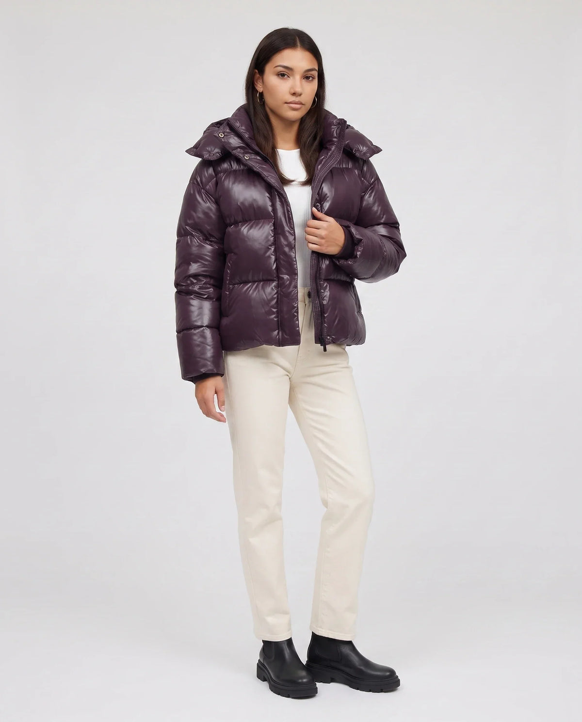 Short Shiny Hooded Puffer Jacket with Puffy Channels