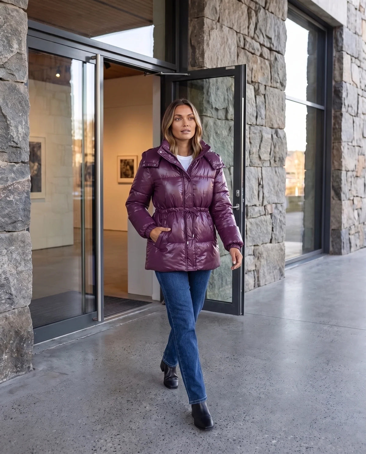 Shiny Puffer Jacket with Drawcord Waist