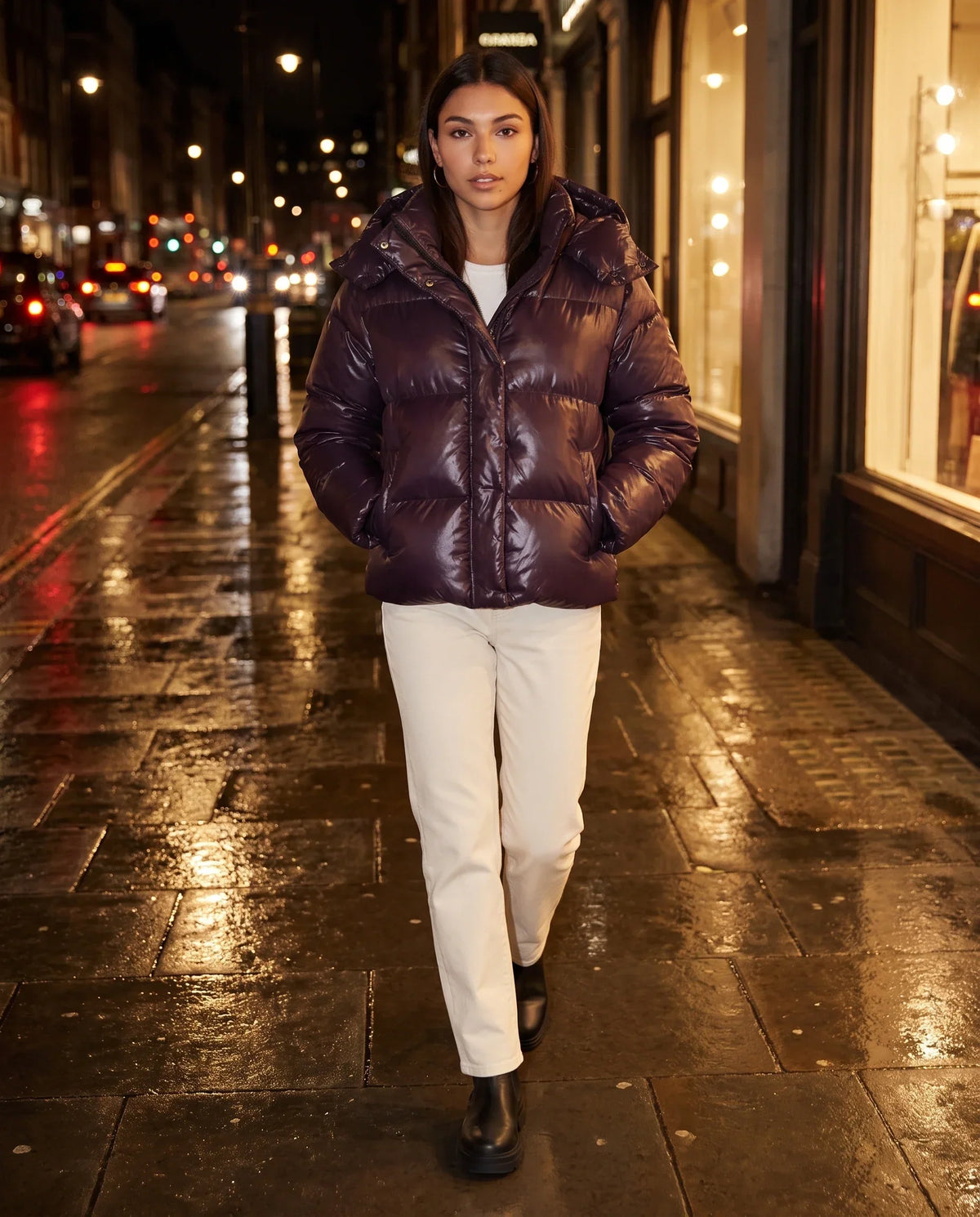 Short Shiny Hooded Puffer Jacket with Puffy Channels