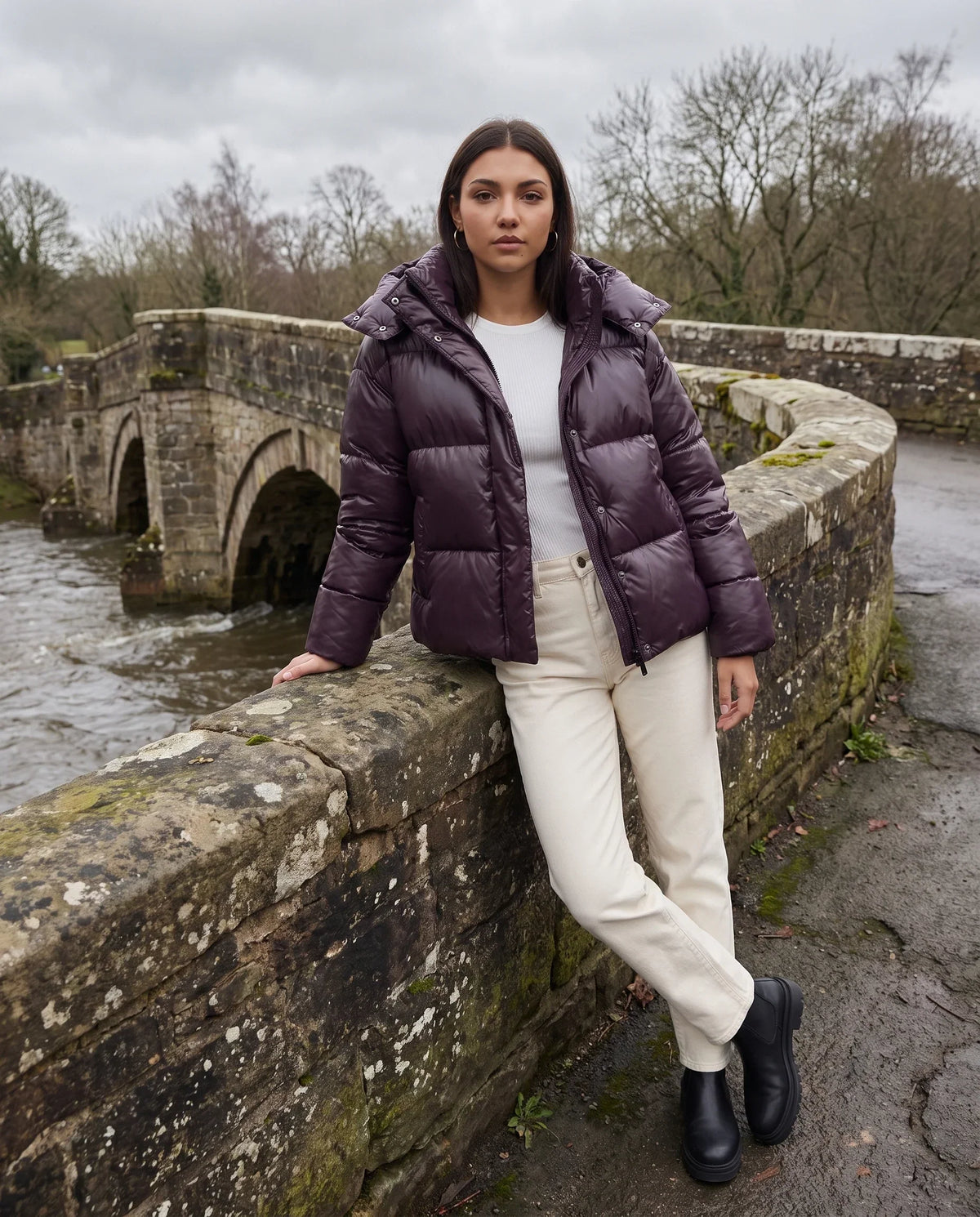 Short Shiny Hooded Puffer Jacket with Puffy Channels