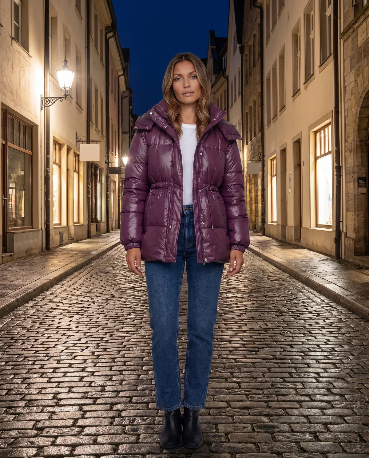 Shiny Puffer Jacket with Drawcord Waist