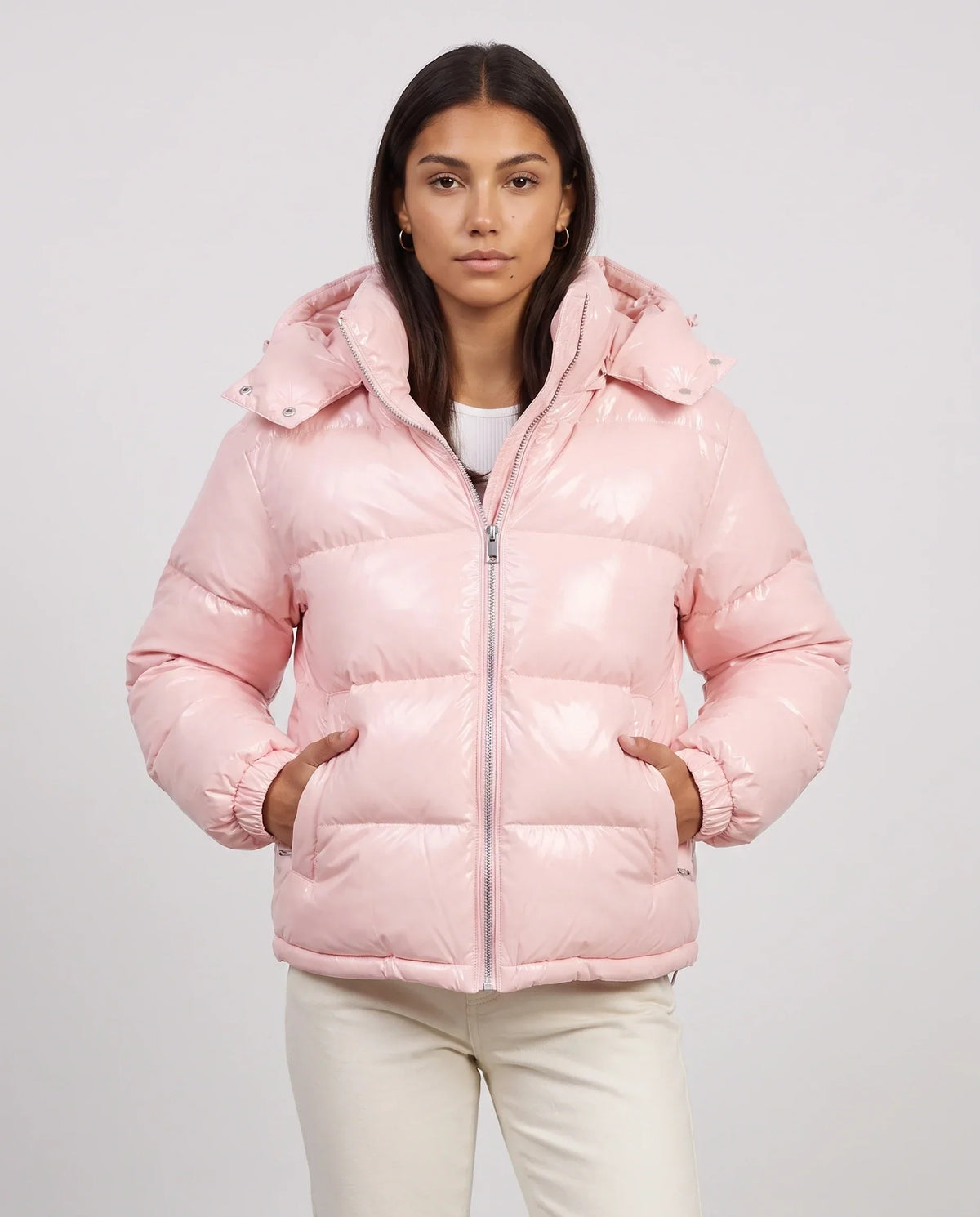 Short Shiny Hooded Puffer Jacket with Puffy Channels