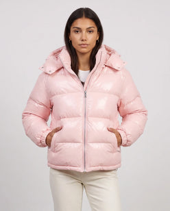 Short Shiny Hooded Puffer Jacket with Puffy Channels