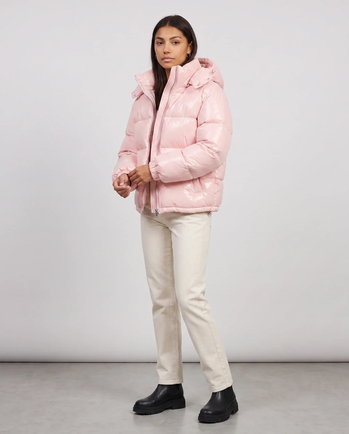 Short Shiny Hooded Puffer Jacket with Puffy Channels