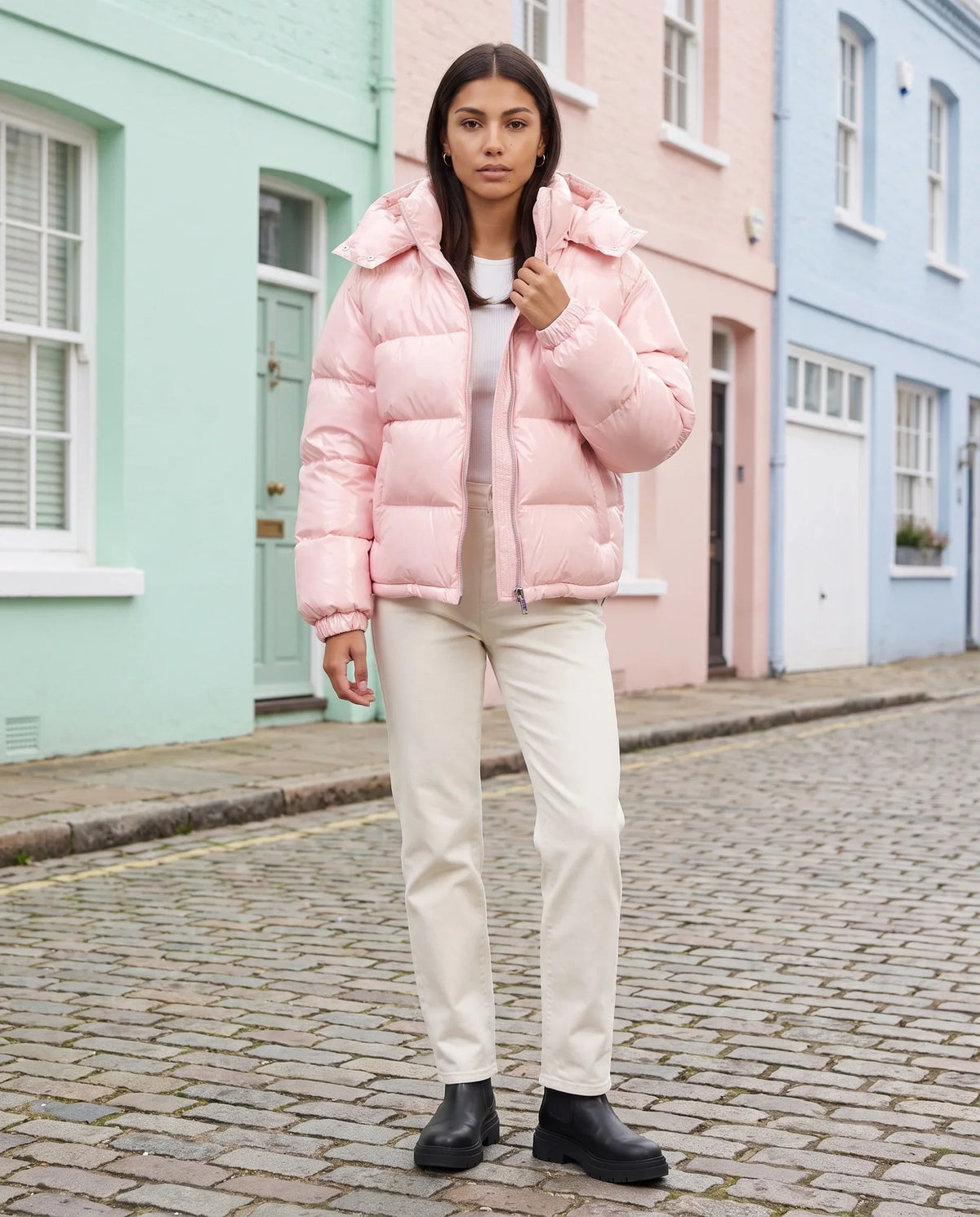 Short Shiny Hooded Puffer Jacket with Puffy Channels