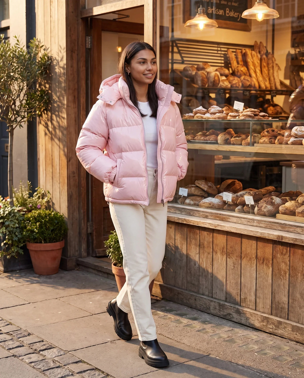 Short Shiny Hooded Puffer Jacket with Puffy Channels
