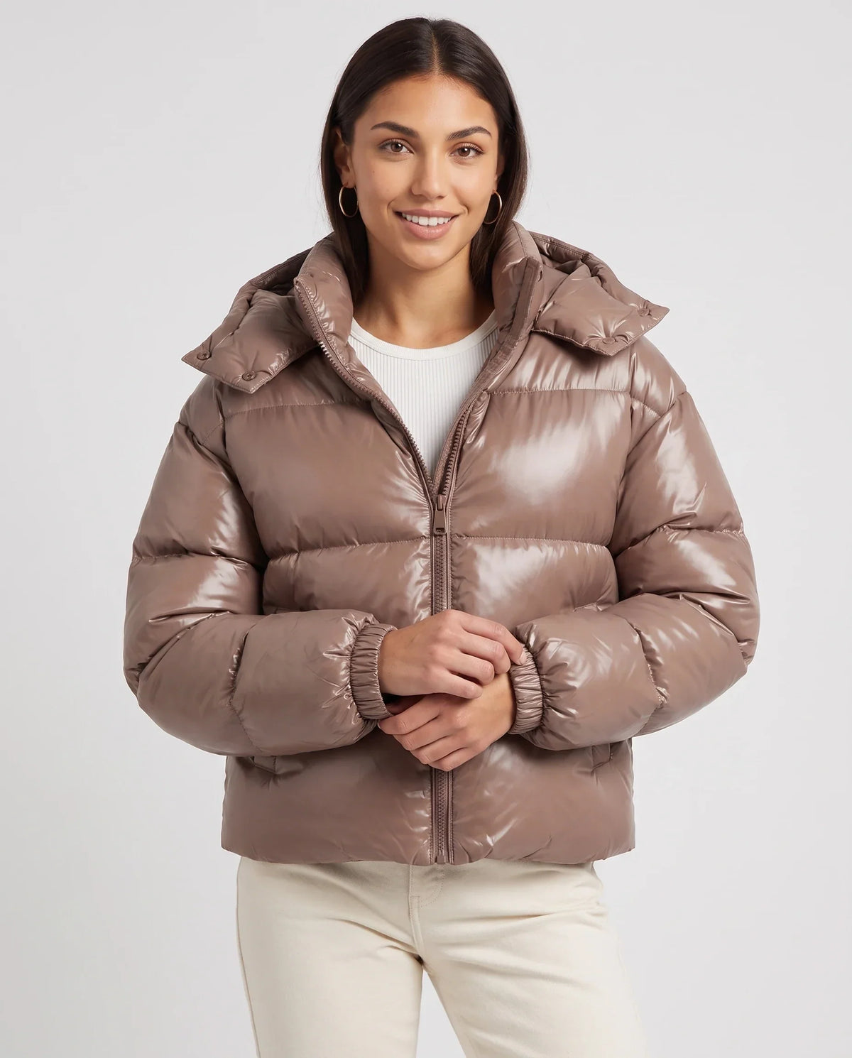Short Shiny Hooded Puffer Jacket with Puffy Channels