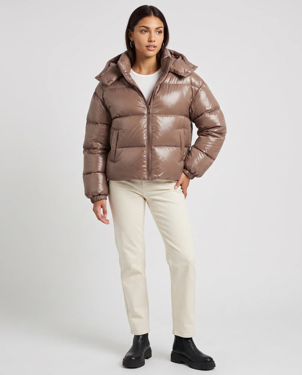 Short Shiny Hooded Puffer Jacket with Puffy Channels