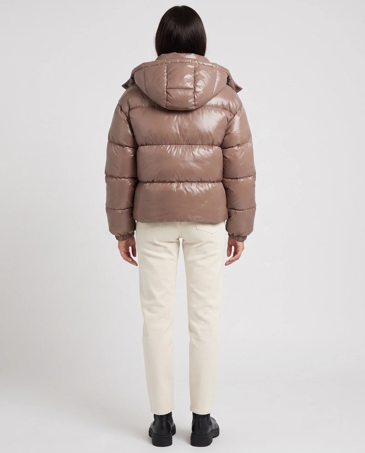 Short Shiny Hooded Puffer Jacket with Puffy Channels