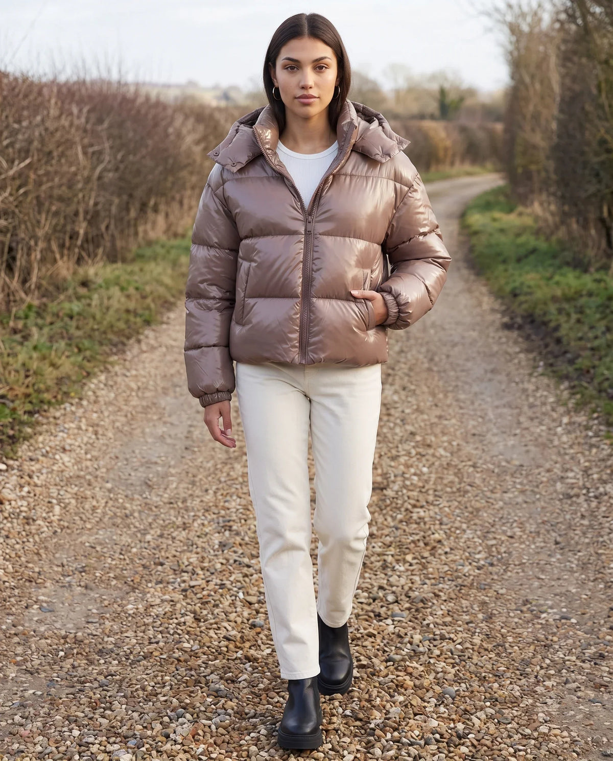 Short Shiny Hooded Puffer Jacket with Puffy Channels