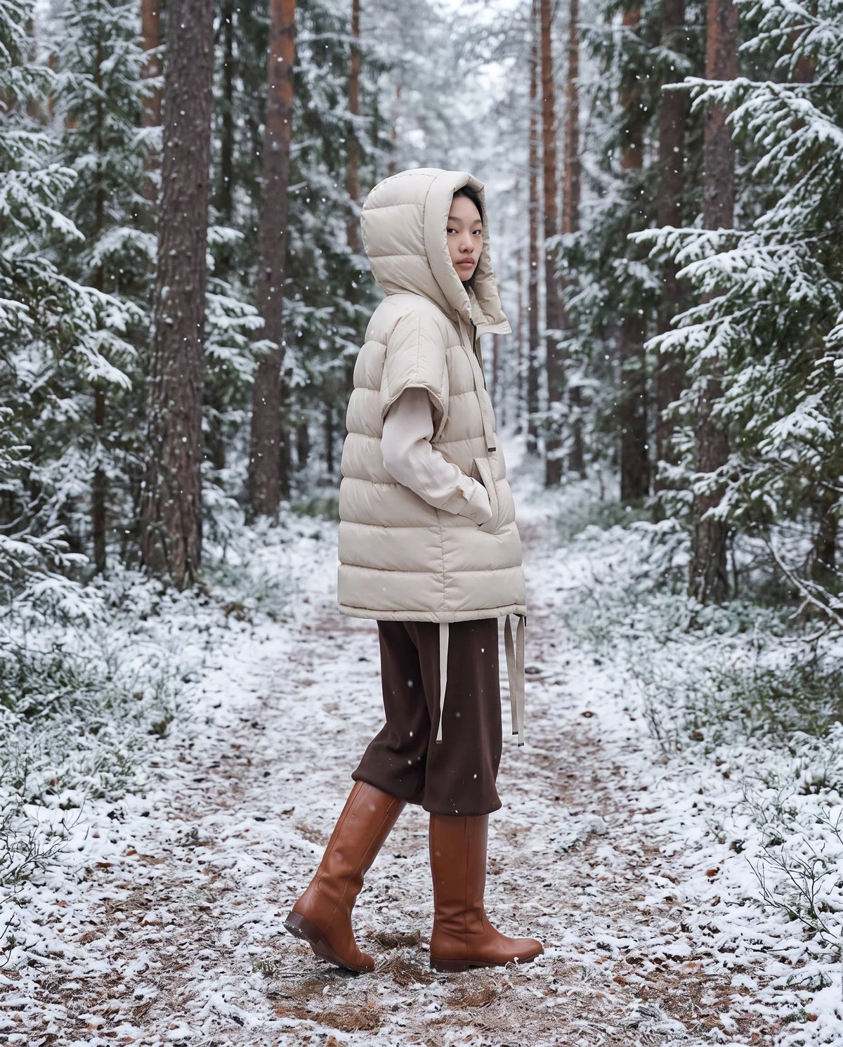 Sleeveless Puffer Cape Gilet with Hood