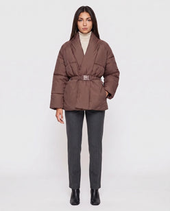 Short Belted Puffer Jacket with Wrap Shawl Collar