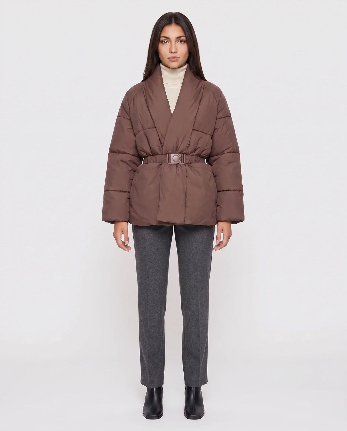 Short Belted Puffer Jacket with Wrap Shawl Collar