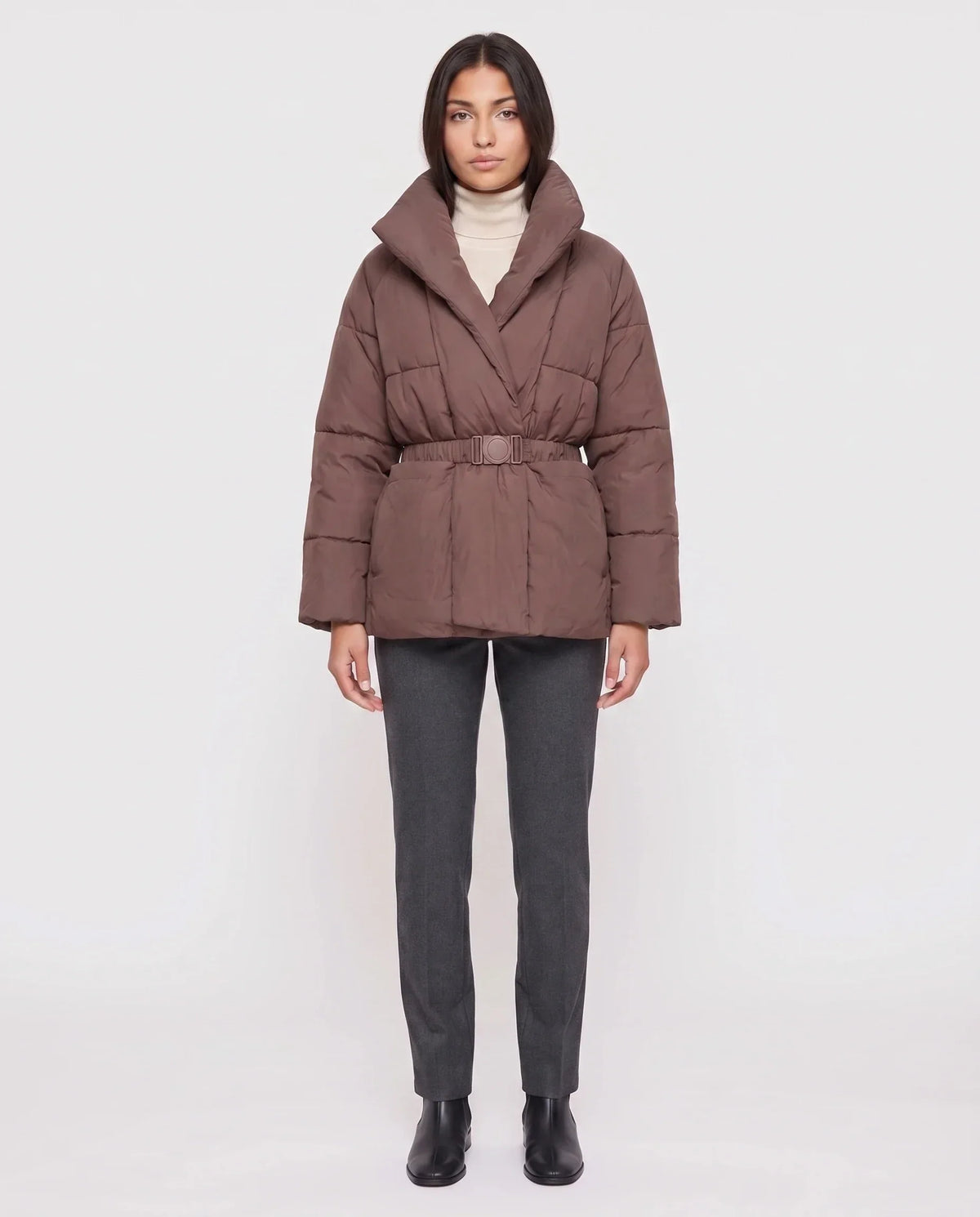Short Belted Puffer Jacket with Wrap Shawl Collar