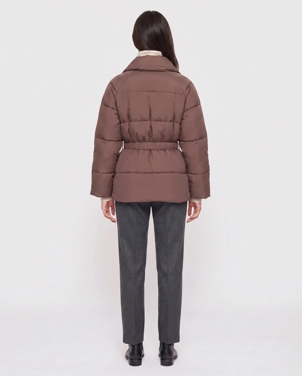 Short Belted Puffer Jacket with Wrap Shawl Collar