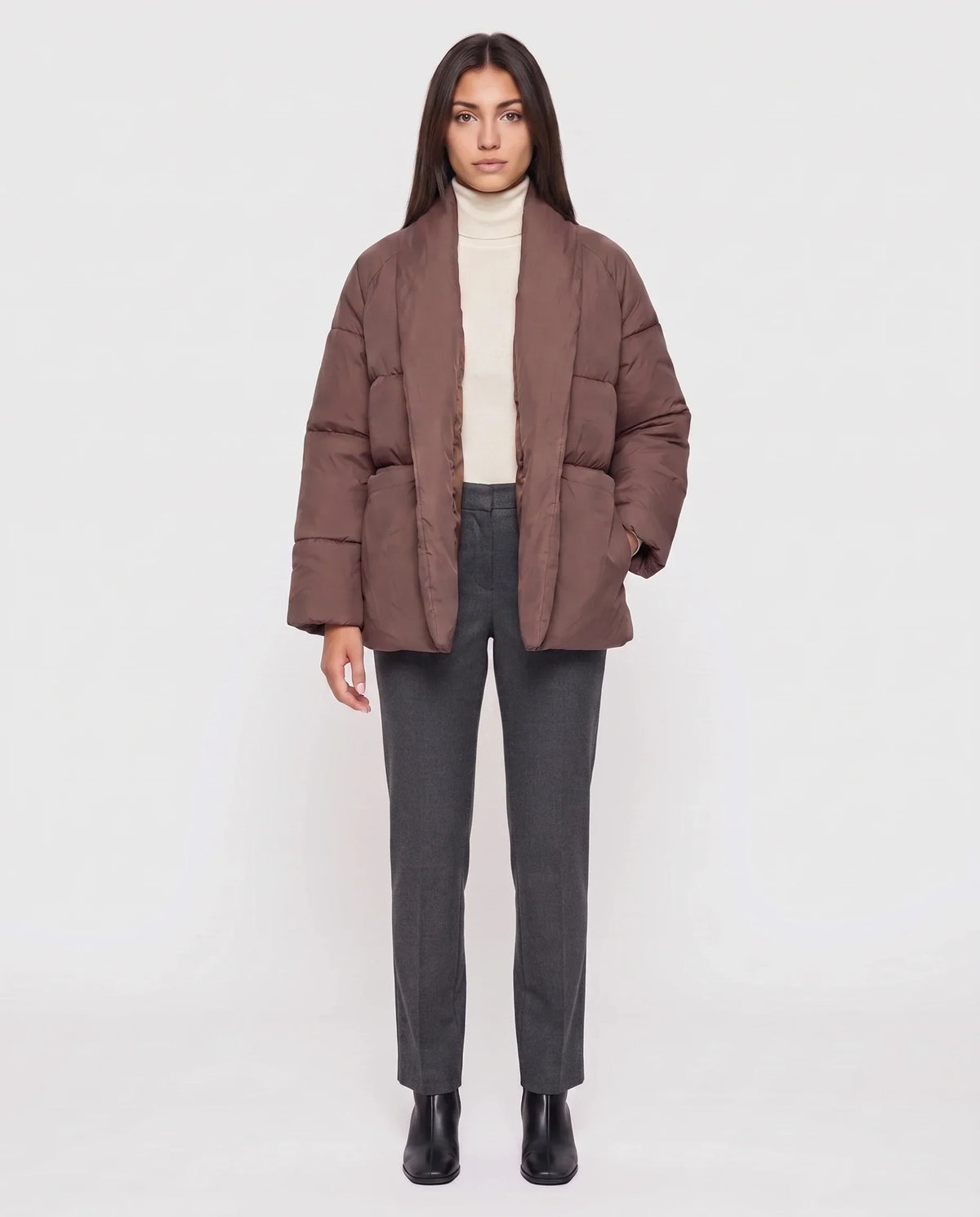 Short Belted Puffer Jacket with Wrap Shawl Collar