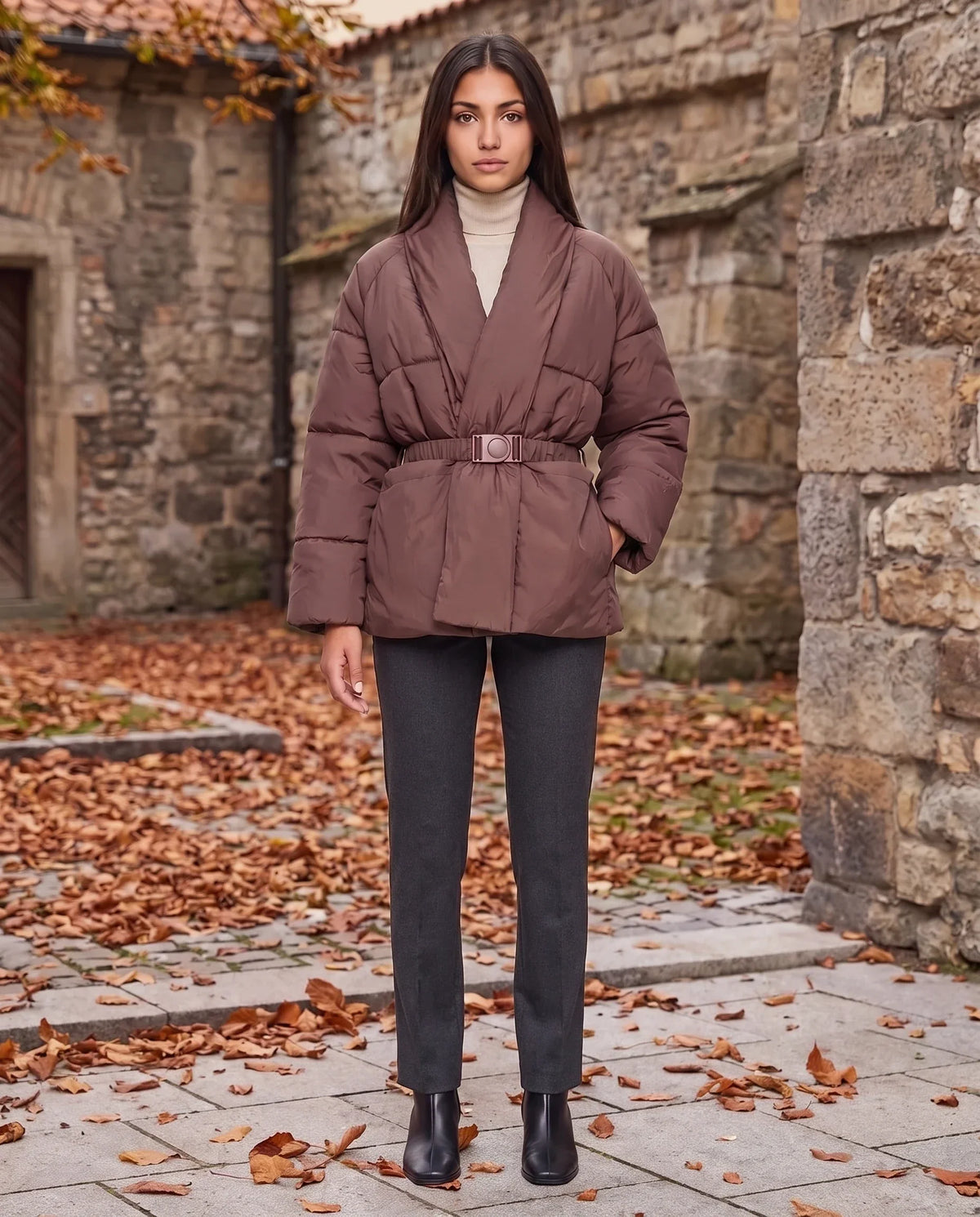 Short Belted Puffer Jacket with Wrap Shawl Collar