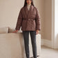 Short Belted Puffer Jacket with Wrap Shawl Collar