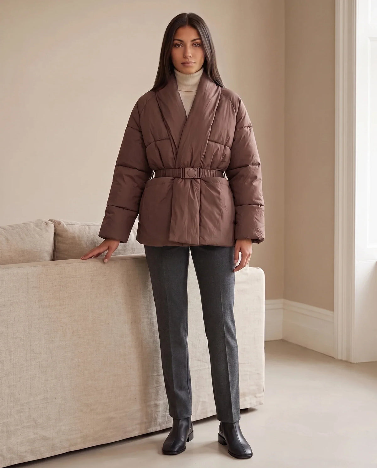 Short Belted Puffer Jacket with Wrap Shawl Collar
