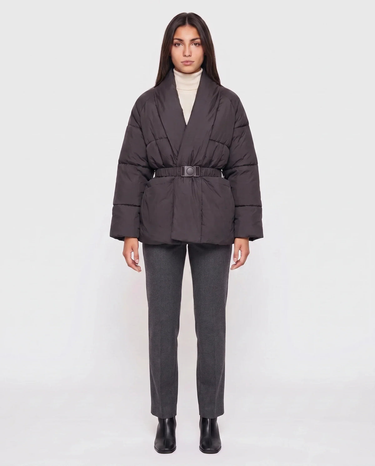 Short Belted Puffer Jacket with Wrap Shawl Collar