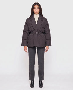 Short Belted Puffer Jacket with Wrap Shawl Collar