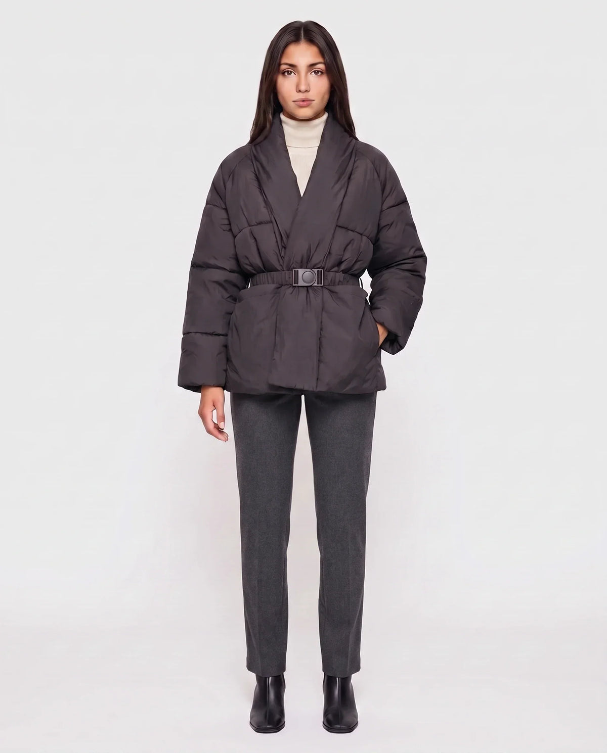 Short Belted Puffer Jacket with Wrap Shawl Collar