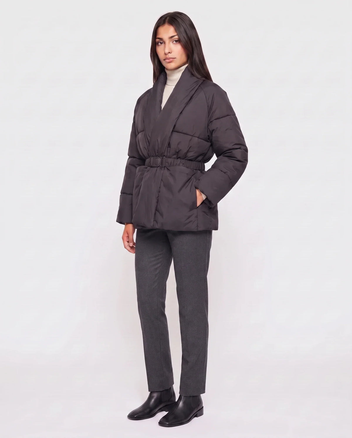 Short Belted Puffer Jacket with Wrap Shawl Collar