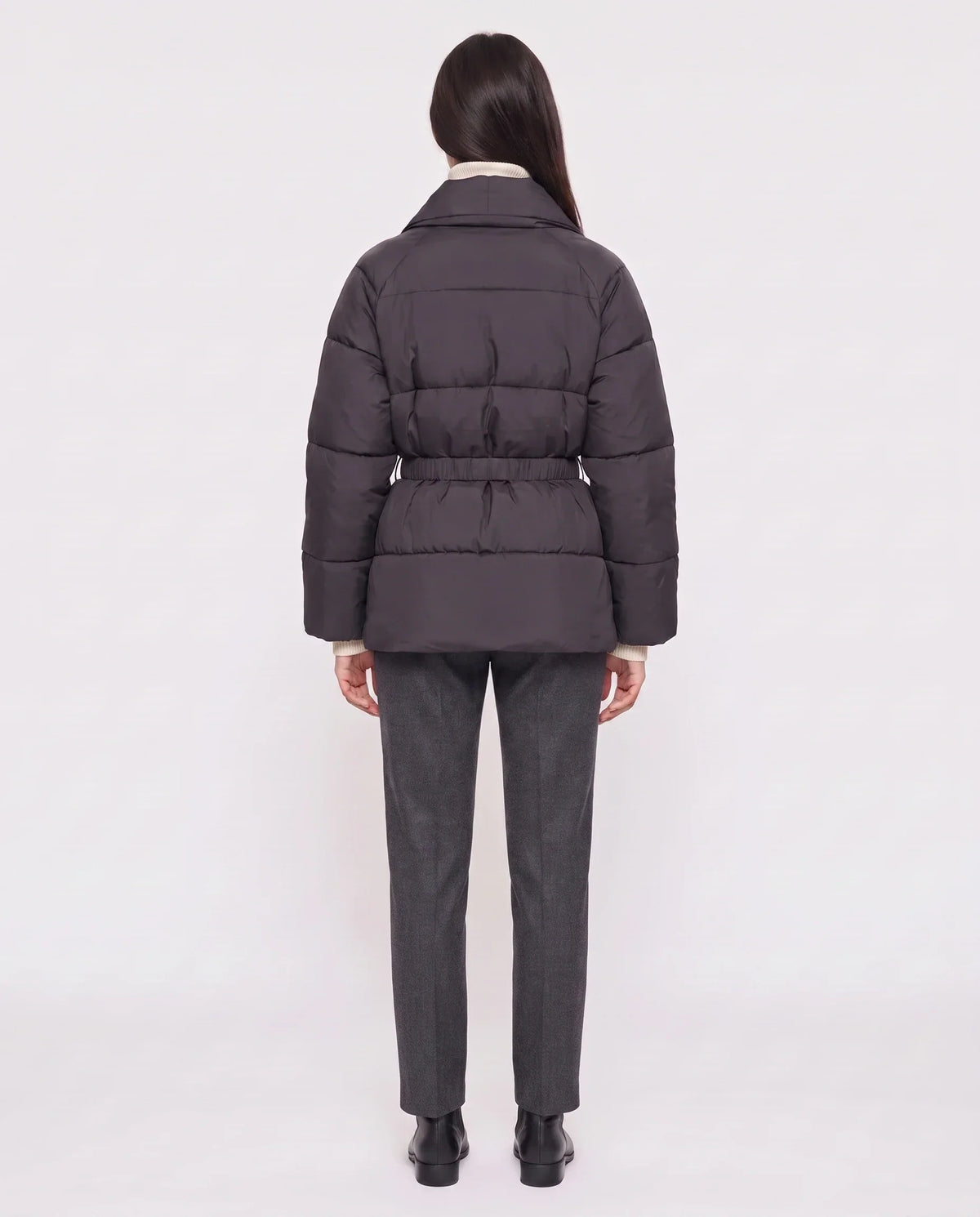 Short Belted Puffer Jacket with Wrap Shawl Collar
