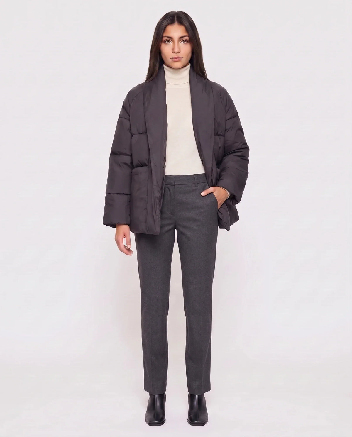 Short Belted Puffer Jacket with Wrap Shawl Collar