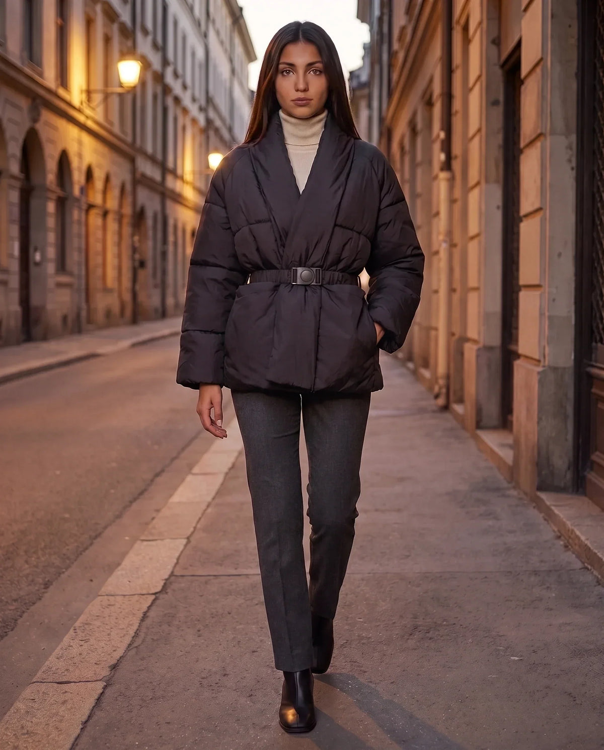 Short Belted Puffer Jacket with Wrap Shawl Collar