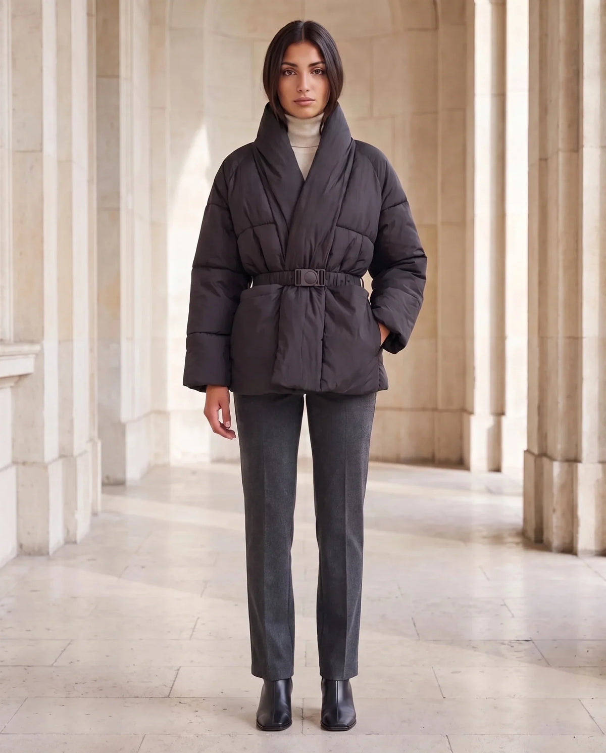 Short Belted Puffer Jacket with Wrap Shawl Collar