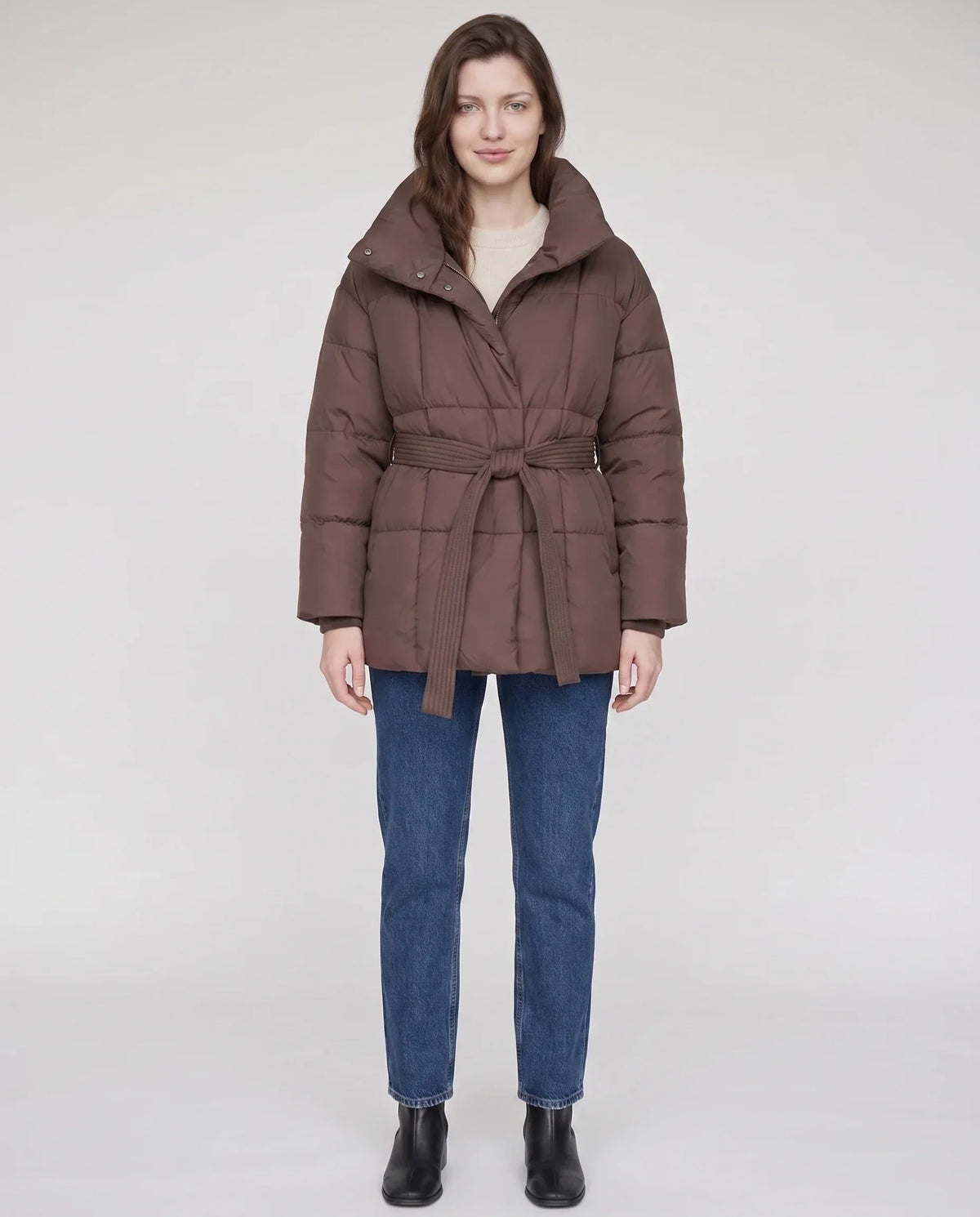 Short Belted Puffer Jacket with Funnel Collar