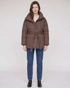 Short Belted Puffer Jacket with Funnel Collar