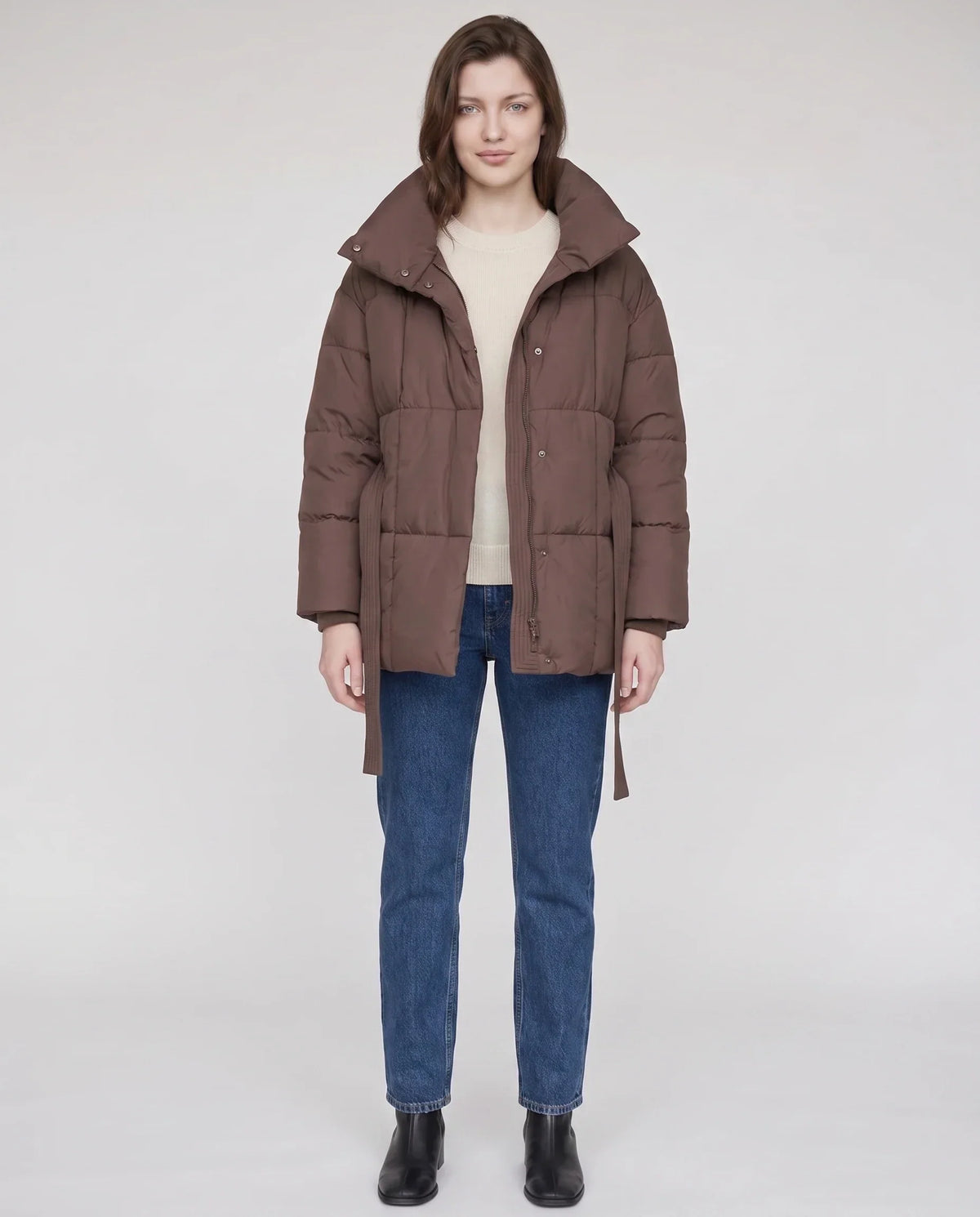 Short Belted Puffer Jacket with Funnel Collar