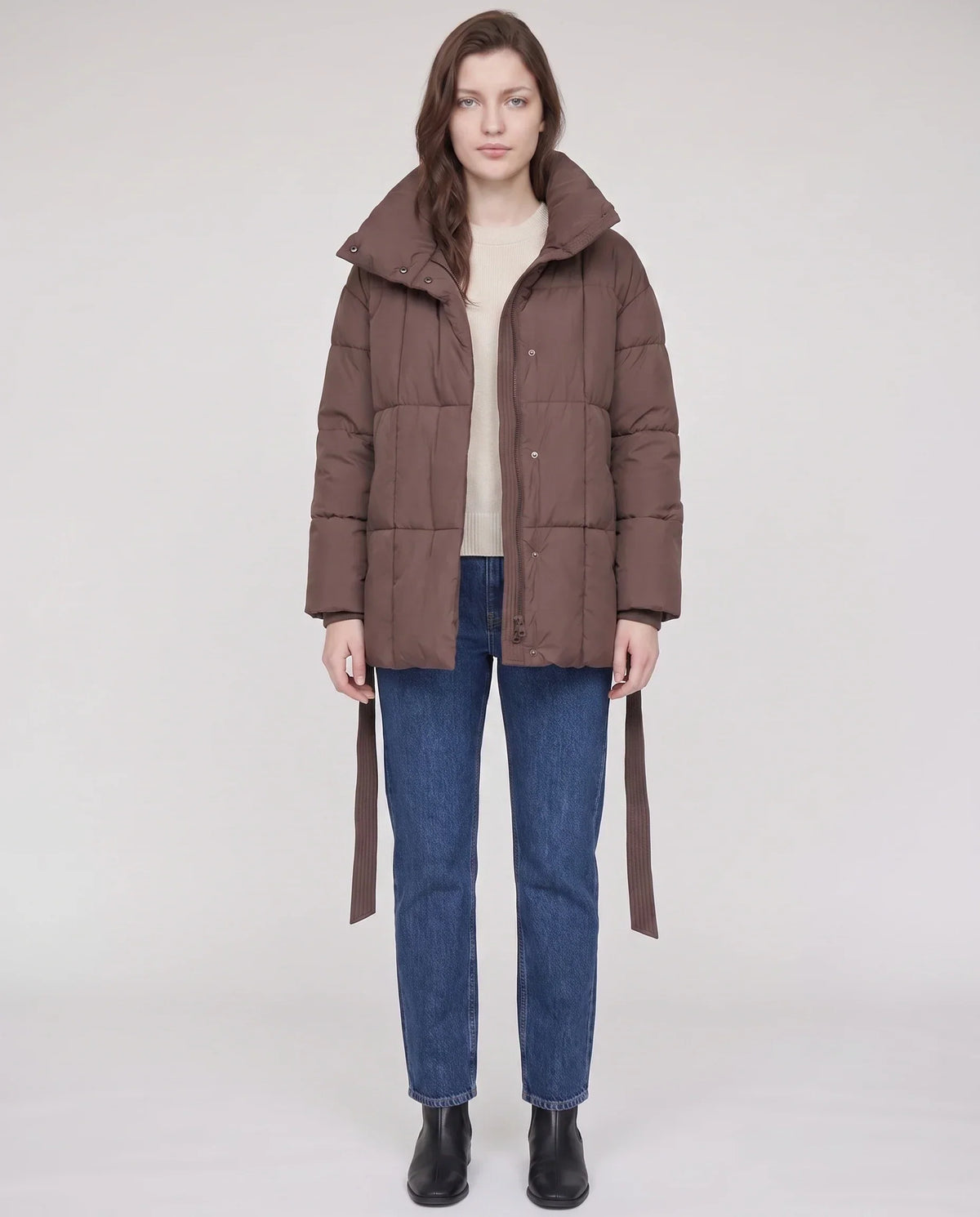 Short Belted Puffer Jacket with Funnel Collar