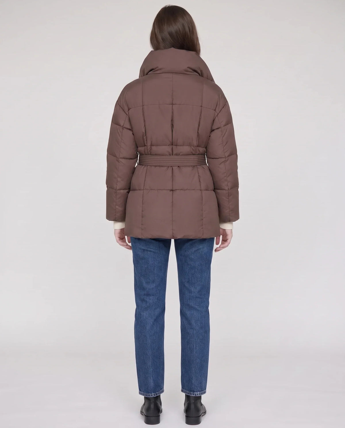 Short Belted Puffer Jacket with Funnel Collar