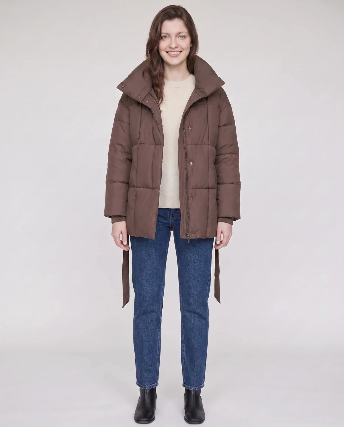 Short Belted Puffer Jacket with Funnel Collar