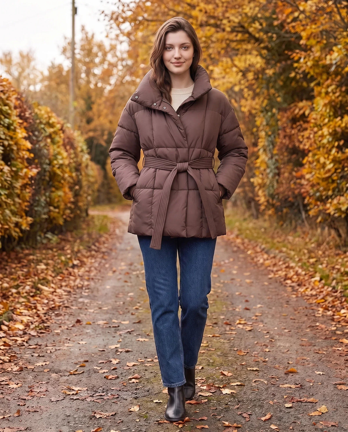 Short Belted Puffer Jacket with Funnel Collar