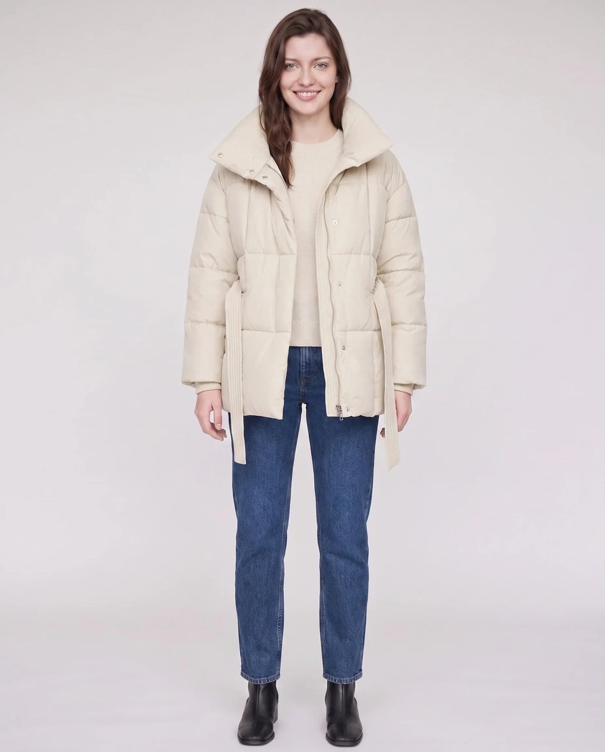 Short Belted Puffer Jacket with Funnel Collar