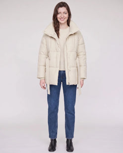 Short Belted Puffer Jacket with Funnel Collar