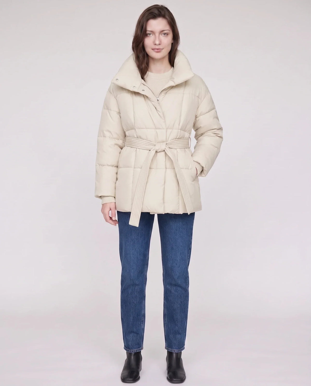 Short Belted Puffer Jacket with Funnel Collar
